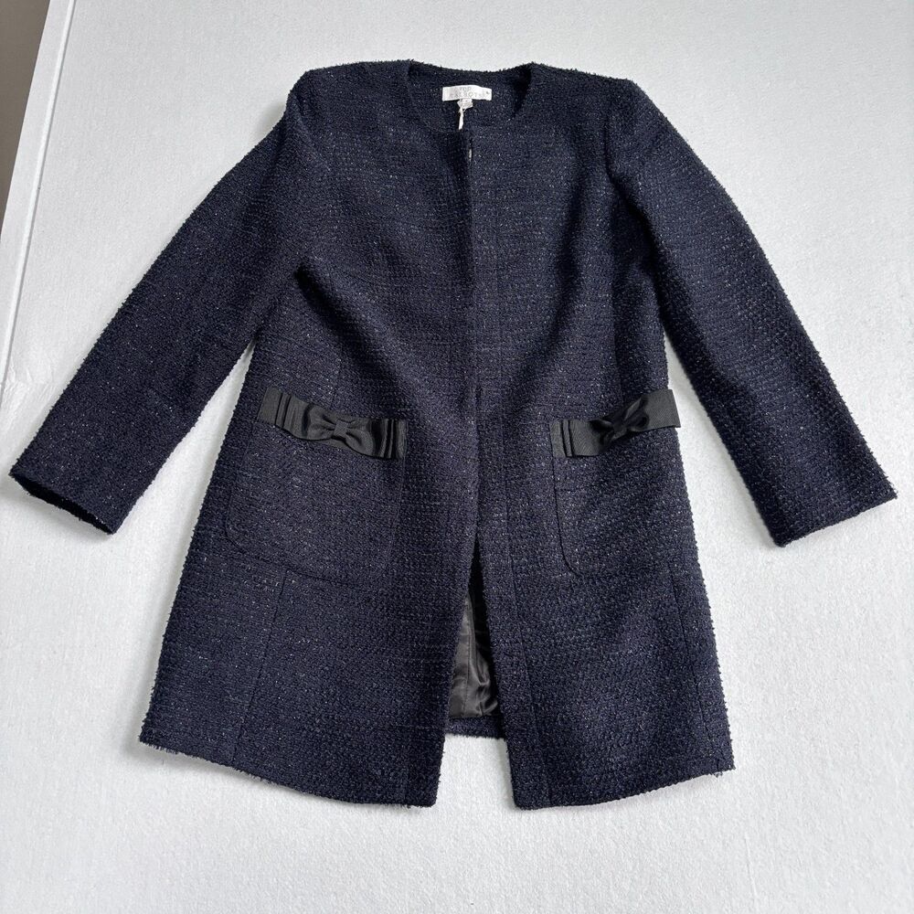 Talbots Navy Blue Black Tweed Jacket Women's 8 Bow Lurex Metallic Long Cocktail
